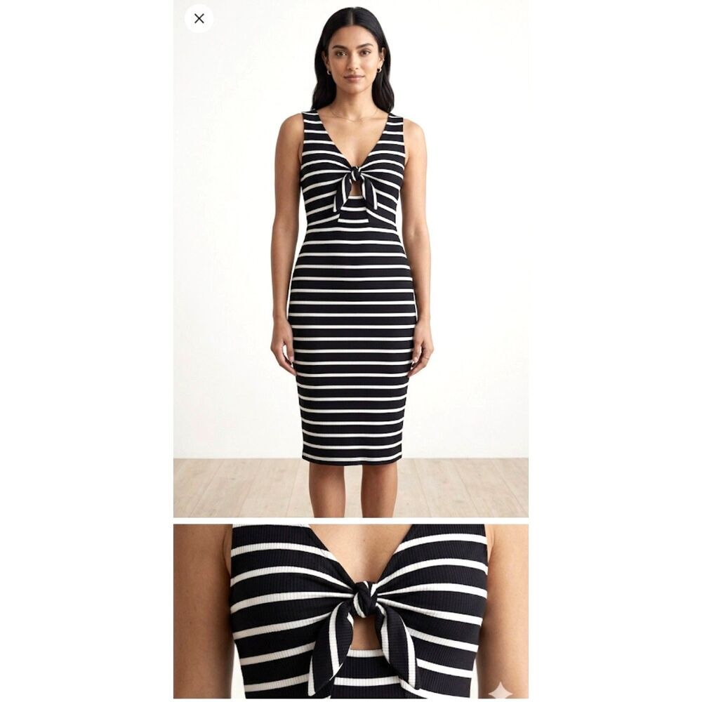 Herimbe Tu Black White Striped Tie Front Midi Dress Size Small Sleeveless Ribbed